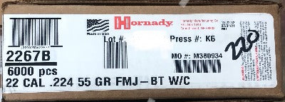 Hornady 22cal 55gr FMJ-BT W/C #2267